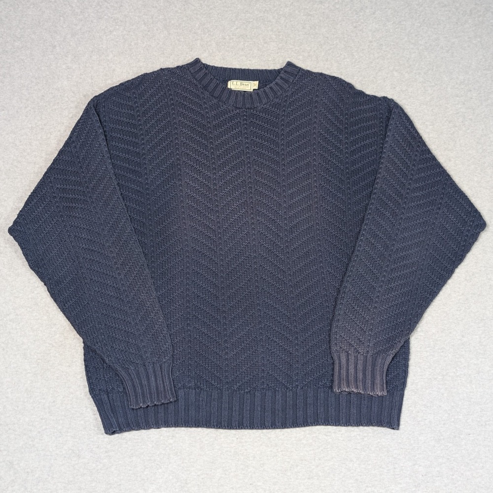 Vtg LL Bean Freeport Maine Sweater Mens L Navy Blue Herringbone Knit Pullover